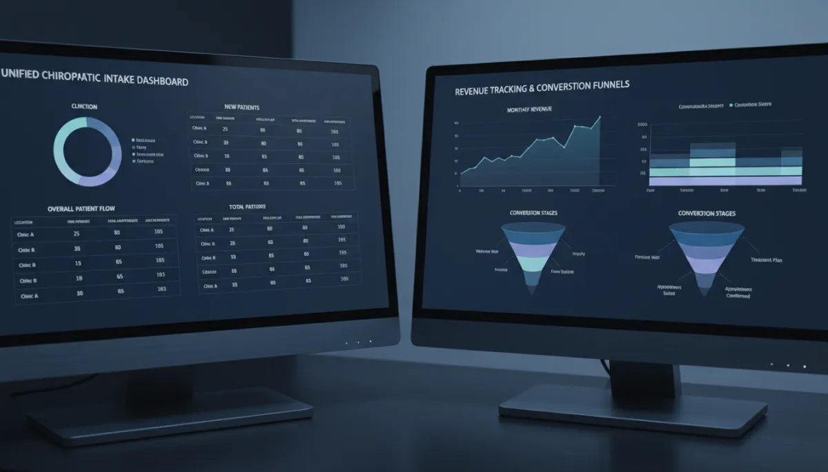 Photorealistic scene of unified chiropractic intake and revenue tracking dashboards for multiple locations Photorealistic scene of unified chiropractic intake and revenue tracking dashboards for multiple locations