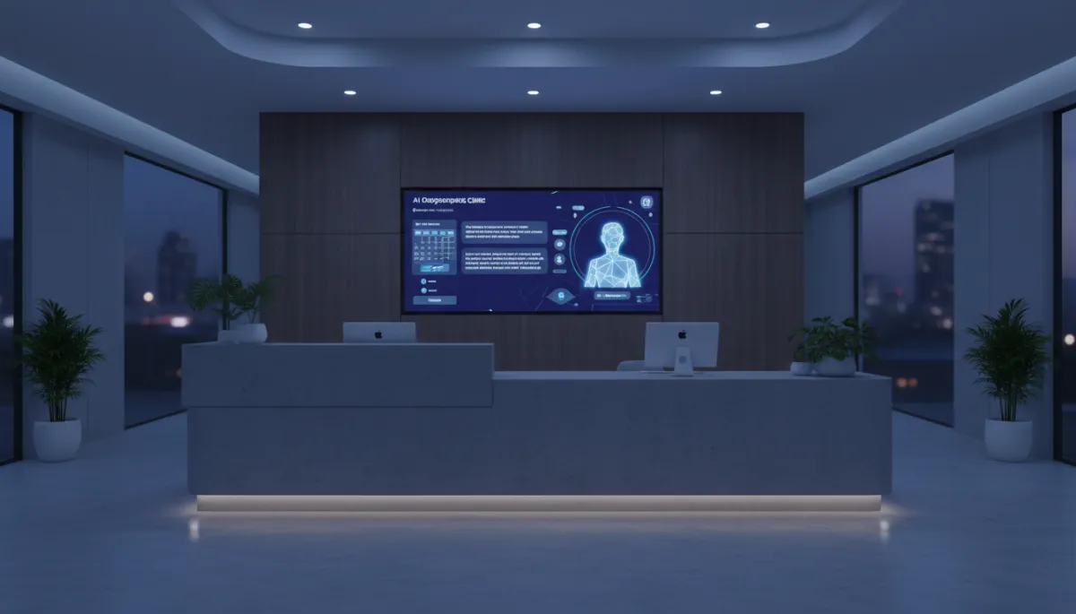 Photorealistic chiropractic front desk where an AI receptionist interface manages patient intake and bookings Photorealistic chiropractic front desk where an AI receptionist interface manages patient intake and bookings