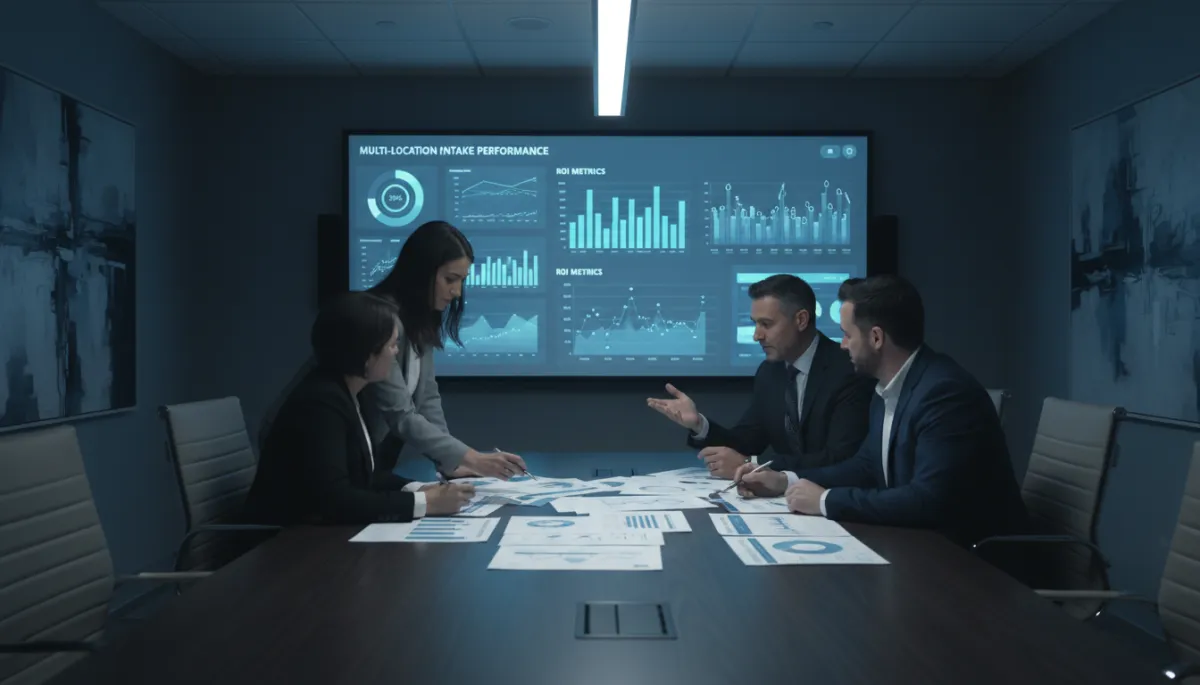 Photorealistic boardroom where chiropractic leaders and agency partners review multi-location intake and revenue reports Photorealistic boardroom where chiropractic leaders and agency partners review multi-location intake and revenue reports
