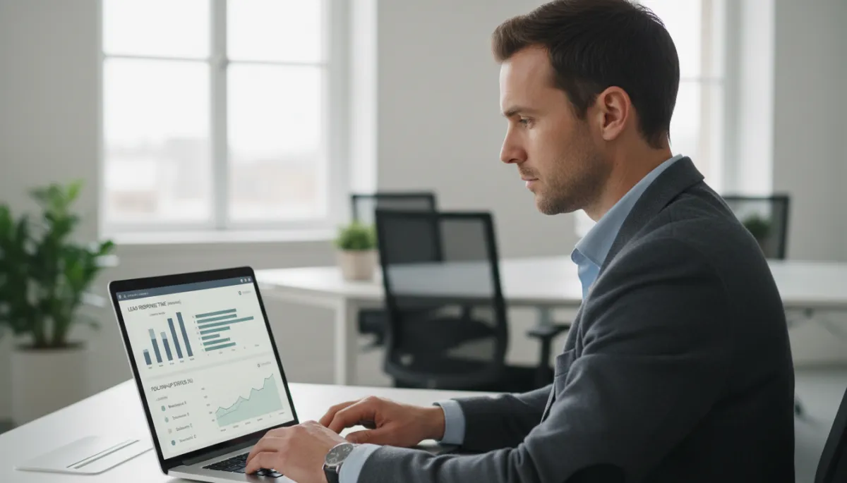 Operations manager analyzing per-location lead tracking and response metrics dashboard Operations manager analyzing per-location lead tracking and response metrics dashboard