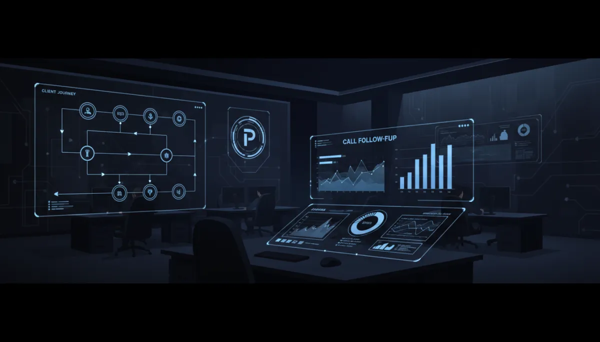 A modern plumbing office scene featuring workflow charts and analytics dashboards for call follow-up, all styled with a dark, black-themed interface and environment.
