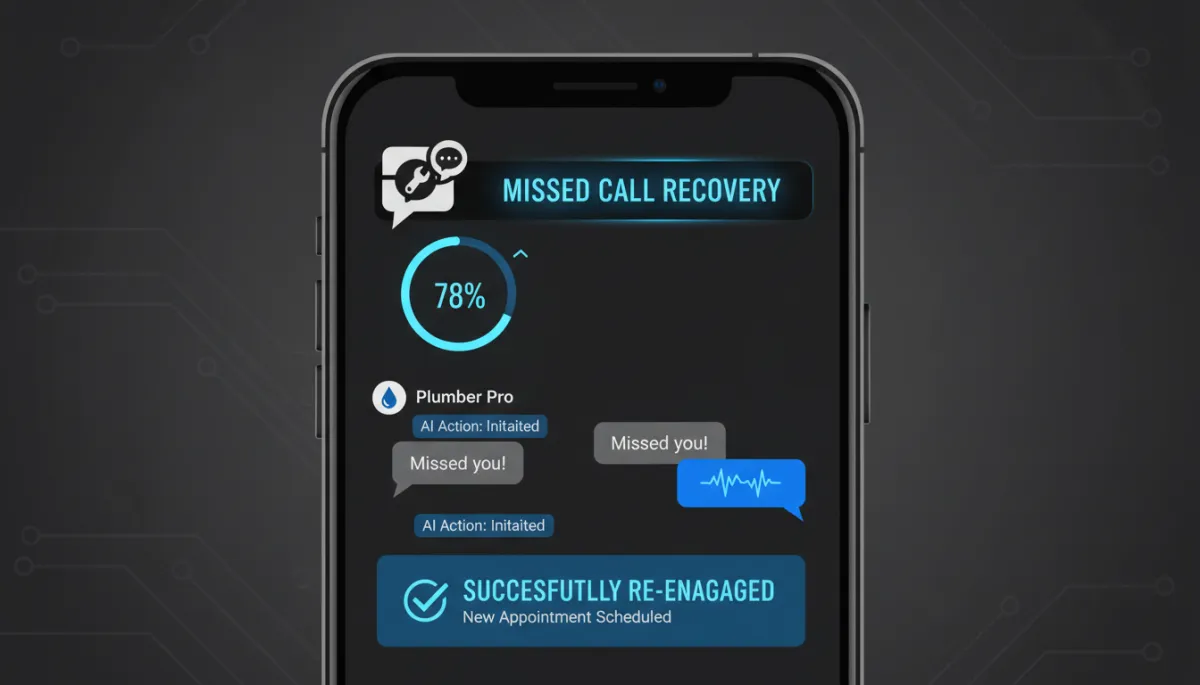 A close-up, high-contrast image of an AI-driven SMS follow-up interface on a smartphone, themed in black and dark gray, indicating recovery of a missed plumbing call.