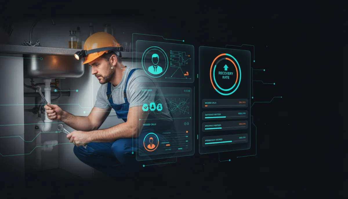A photorealistic image of an AI system interface for missed call recovery in a plumbing business, with a technician on-site, all elements set against a modern, high-contrast black background.