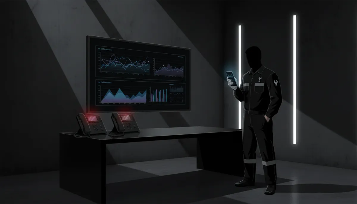 A cinematic, photorealistic scene in a plumbing office, rendered with a bold black color scheme. The office features ringing desk phones, a large wall monitor displaying AI call analytics in sleek dark mode, and a plumber checking alerts on a smartphone, all bathed in dramatic black and deep gray tones.