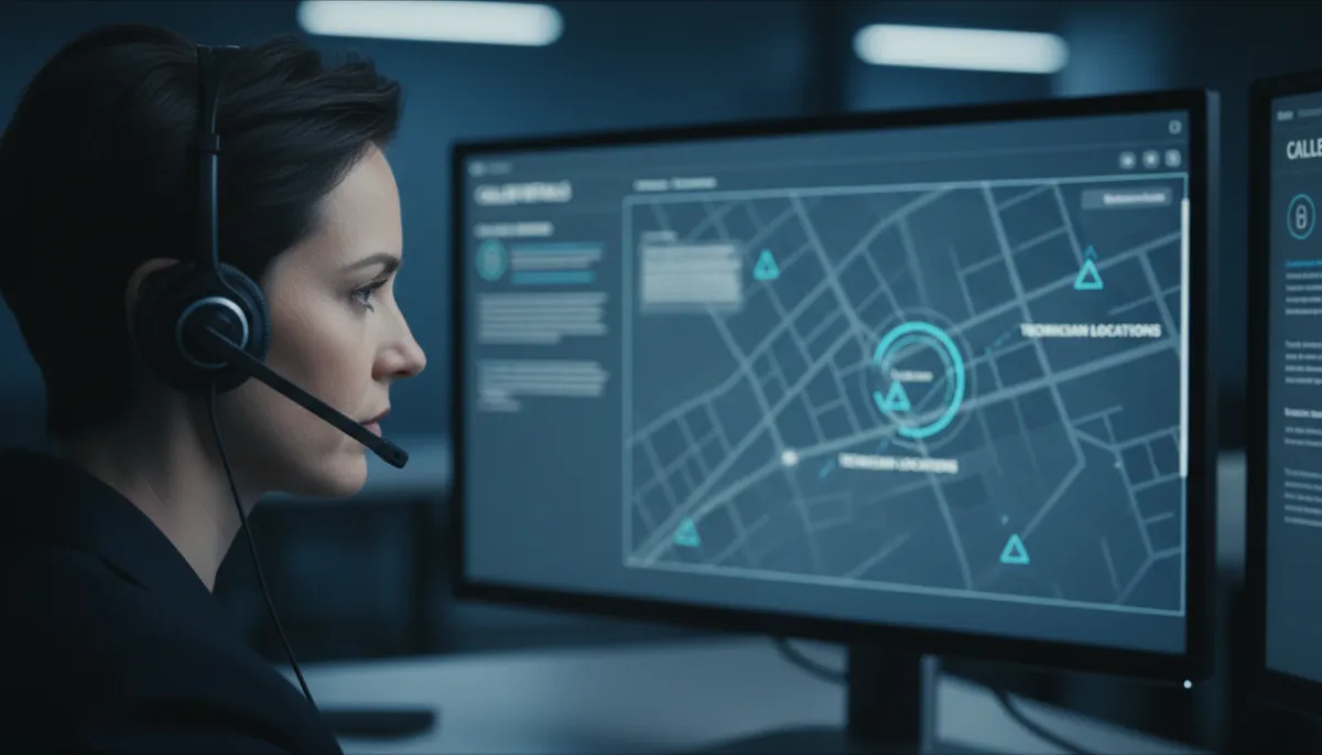 Dispatcher managing urgent home service calls with real-time information on screen Dispatcher managing urgent home service calls with real-time information on screen