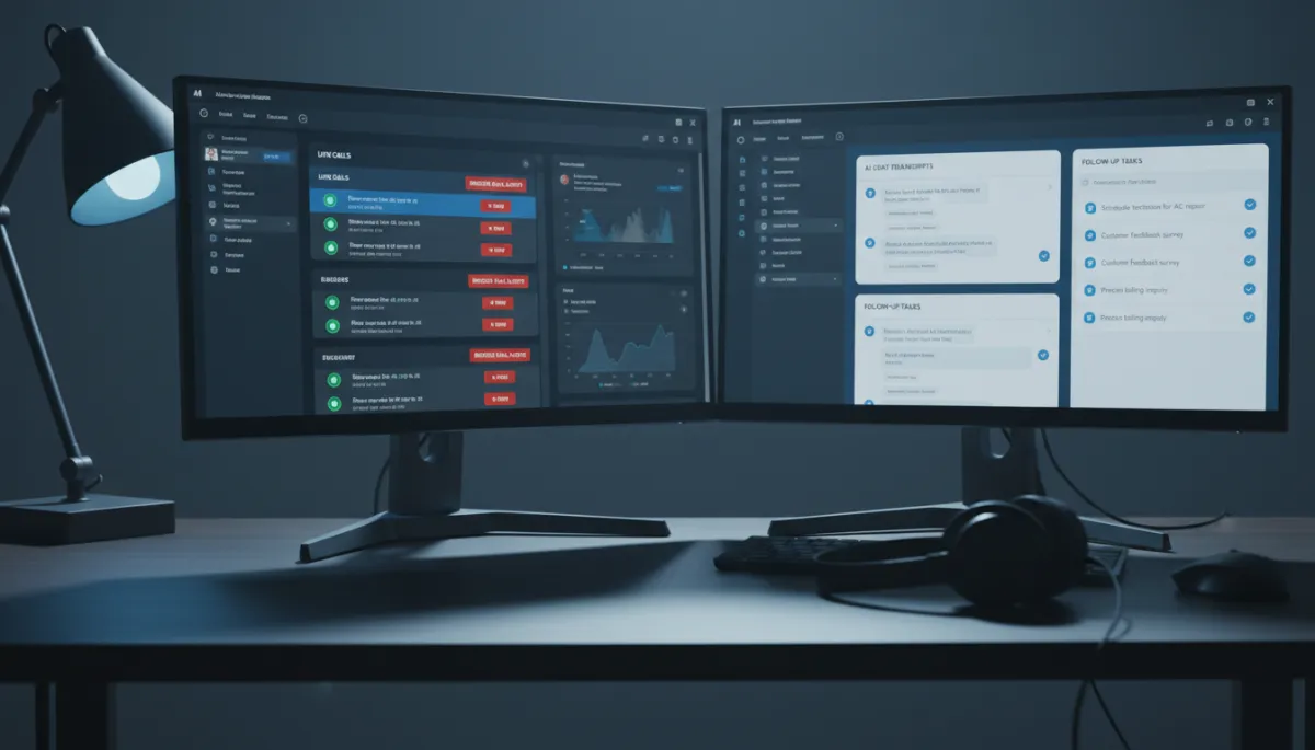 CSR in a home services call center working alongside AI intake tools on dual monitors