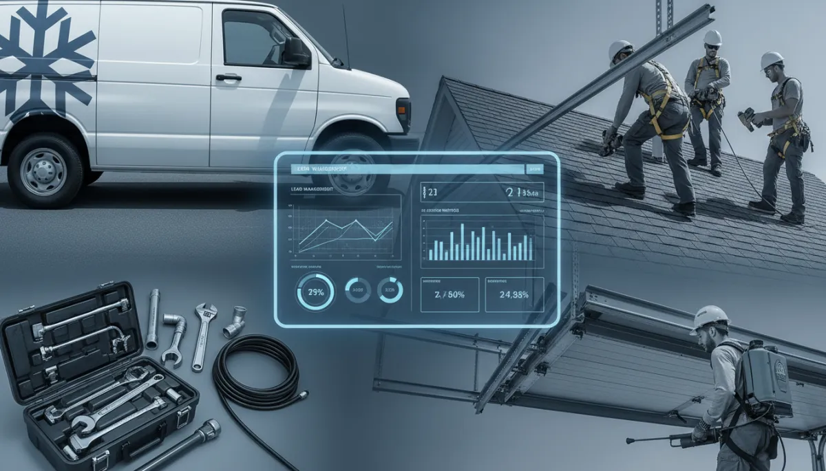 Composite view of multiple home services trades connected through a central revenue and lead management dashboard