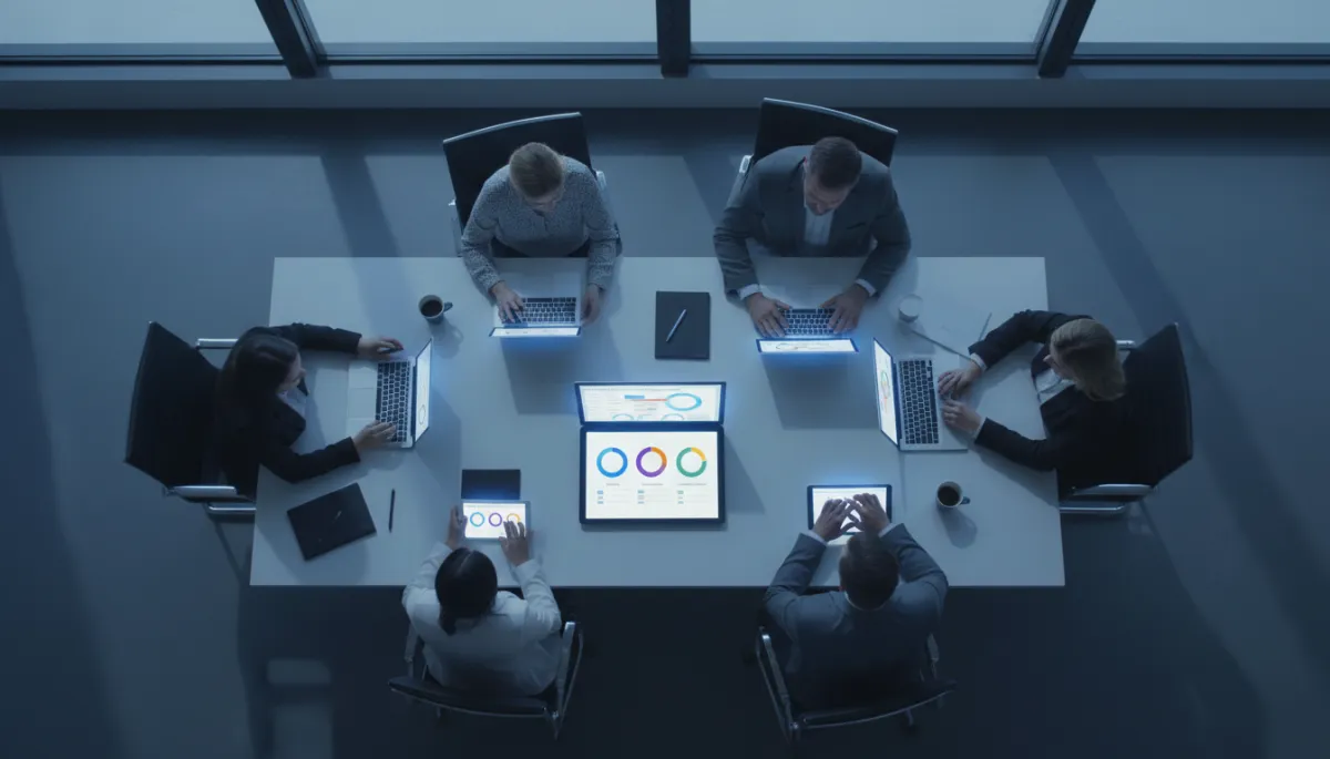 Leadership team in a trade business reviewing layered revenue visibility dashboards
