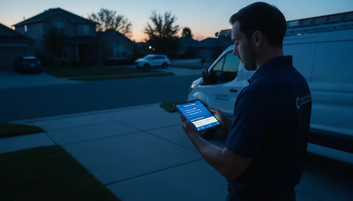 Field technician reviewing scheduled jobs and follow-up tasks on a mobile tablet