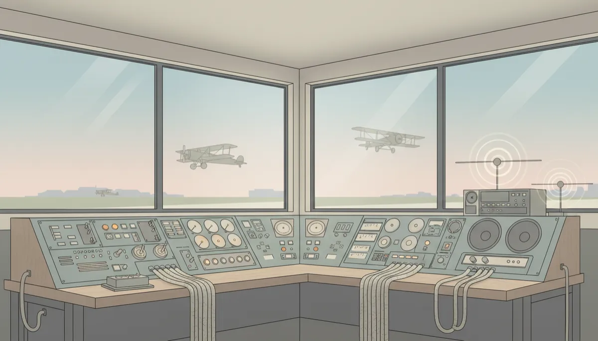Early controllers inside a basic control hut overseeing aircraft movements