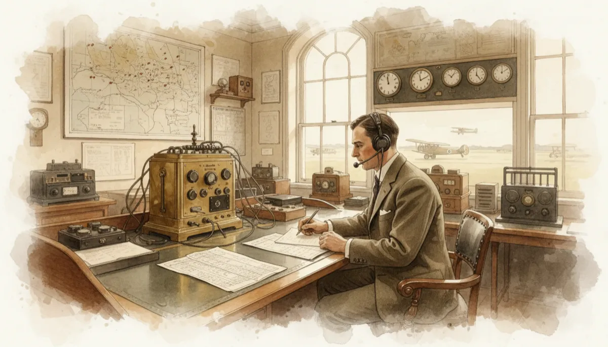 Early air traffic controller working with radio and paper records at Croydon