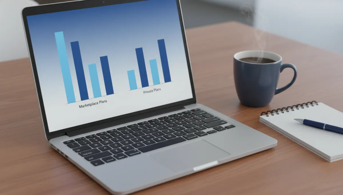 photorealistic close-up of a laptop on a desk showing a side-by-side chart comparison of Marketplace vs private health plans in Trust Blue (#1E5FA8) colors, with a coffee mug and notepad nearby