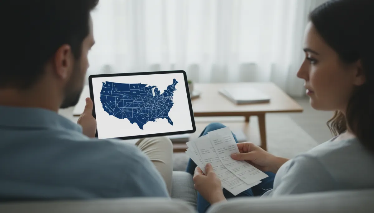 photorealistic view over the shoulder of a person holding a tablet that shows a US map with highlighted provider networks in Trust Blue (#1E5FA8), seated on a couch next to a partner who is holding medical bills