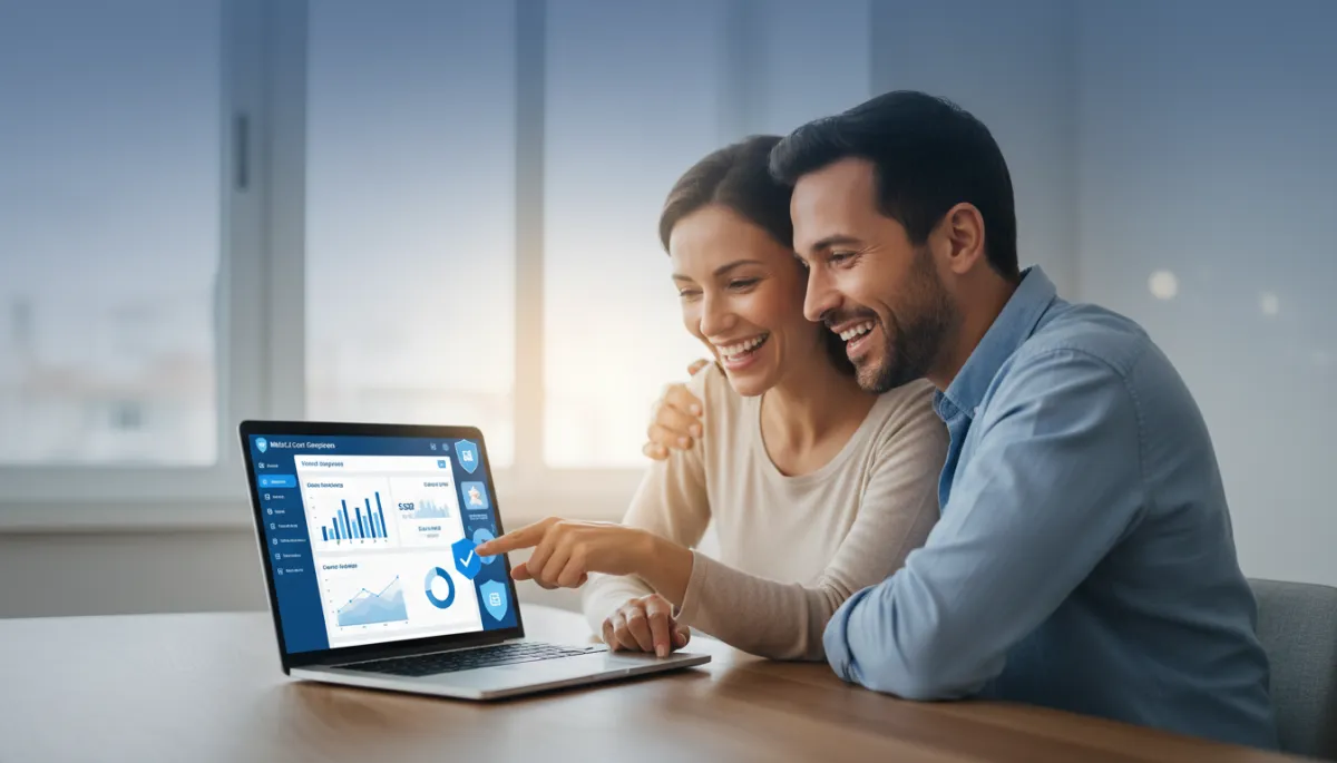 Couple reviewing medical price comparisons and savings on a laptop