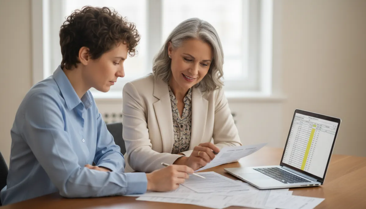Patient reviewing medical bills with a healthcare advisor in an office