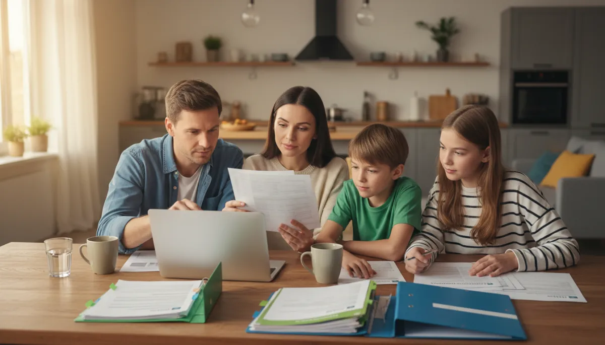 Photorealistic family of four sitting at a kitchen table reviewing health insurance paperwork and a laptop, warm evening light, calm and focused expressions, documents and coffee mugs on the table