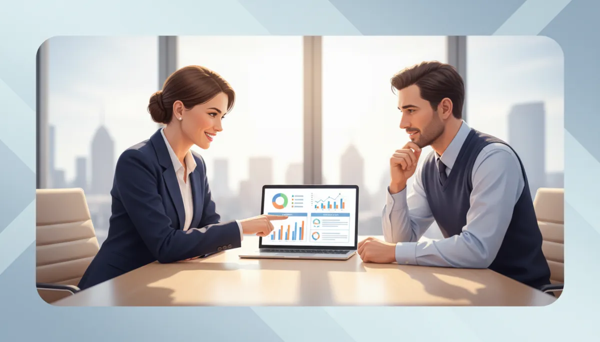 Photorealistic confident insurance agent in professional attire sitting with a small business owner in a modern office, pointing at a laptop screen with charts and plan comparisons, friendly and reassuring atmosphere