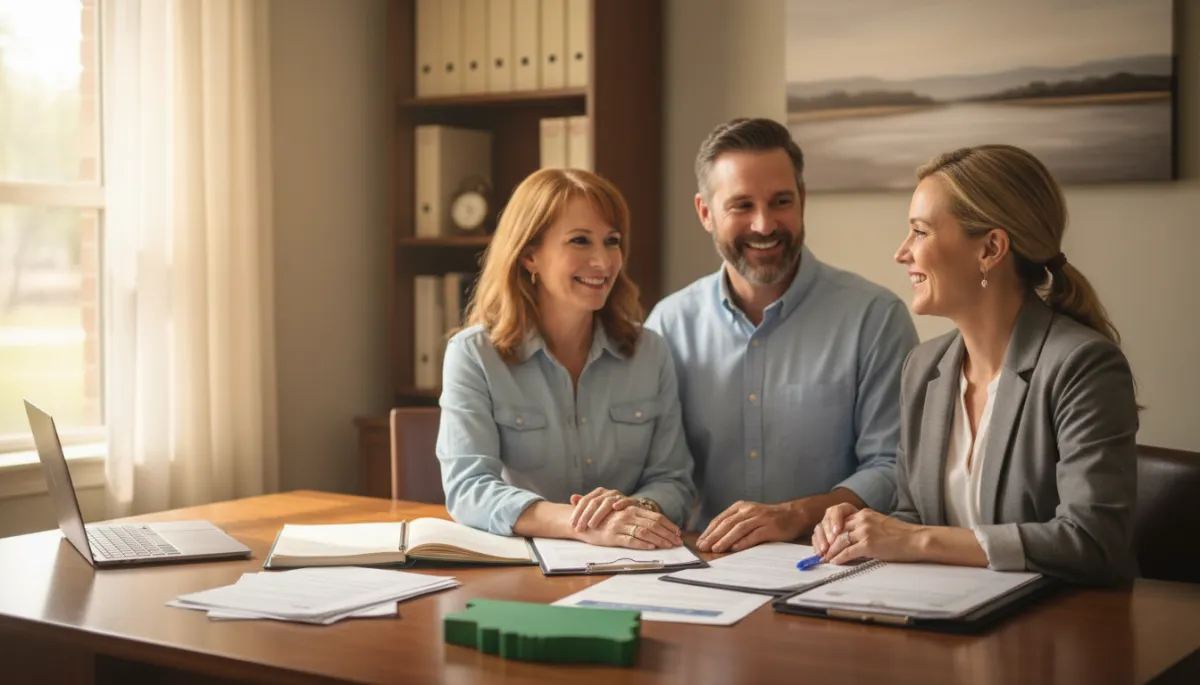 photorealistic neutral toned scene of a middle aged couple in Oklahoma sitting with an insurance advisor in a small office, documents spread out, all smiling and relaxed, soft daylight
