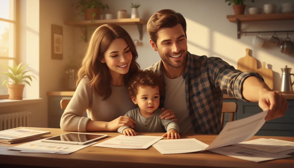 A couple with a child reviewing health insurance paperwork at a kitchen table, looking relieved and confident, warm evening light, photorealistic