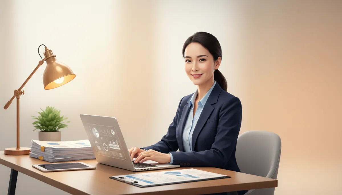 A confident professional healthcare advisor sitting at a desk with documents and a laptop, smiling and ready to help a client, photorealistic, warm professional tones