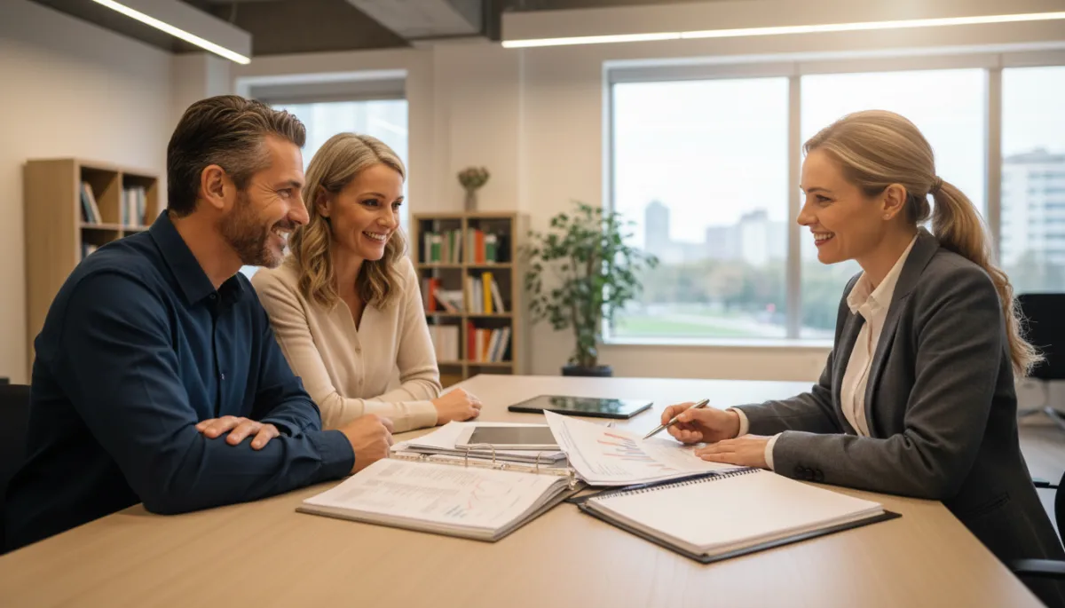 A single realistic professional photo of a couple sitting at a kitchen table reviewing health insurance paperwork together, warm natural lighting, clean modern home setting.