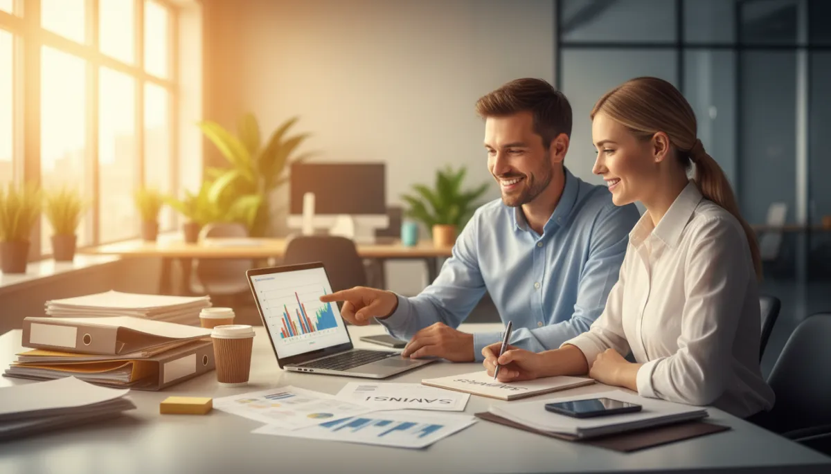 Young couple at desk smiling with laptop and paperwork, noting savings on notepad, bright office