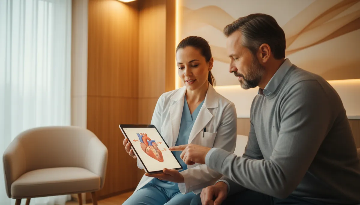 Doctor and patient seated in modern exam room discussing treatment plan on digital tablet, warm lighting