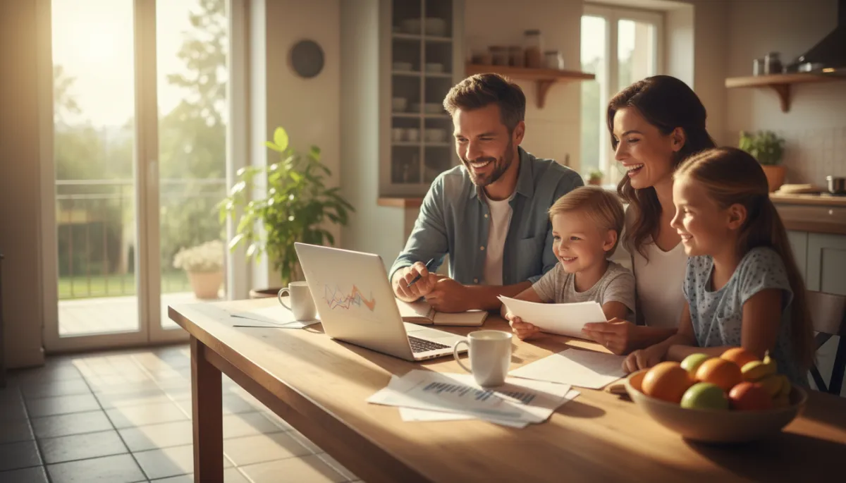 Smiling family of four at kitchen table with laptop and documents, sunlight, relaxed mood