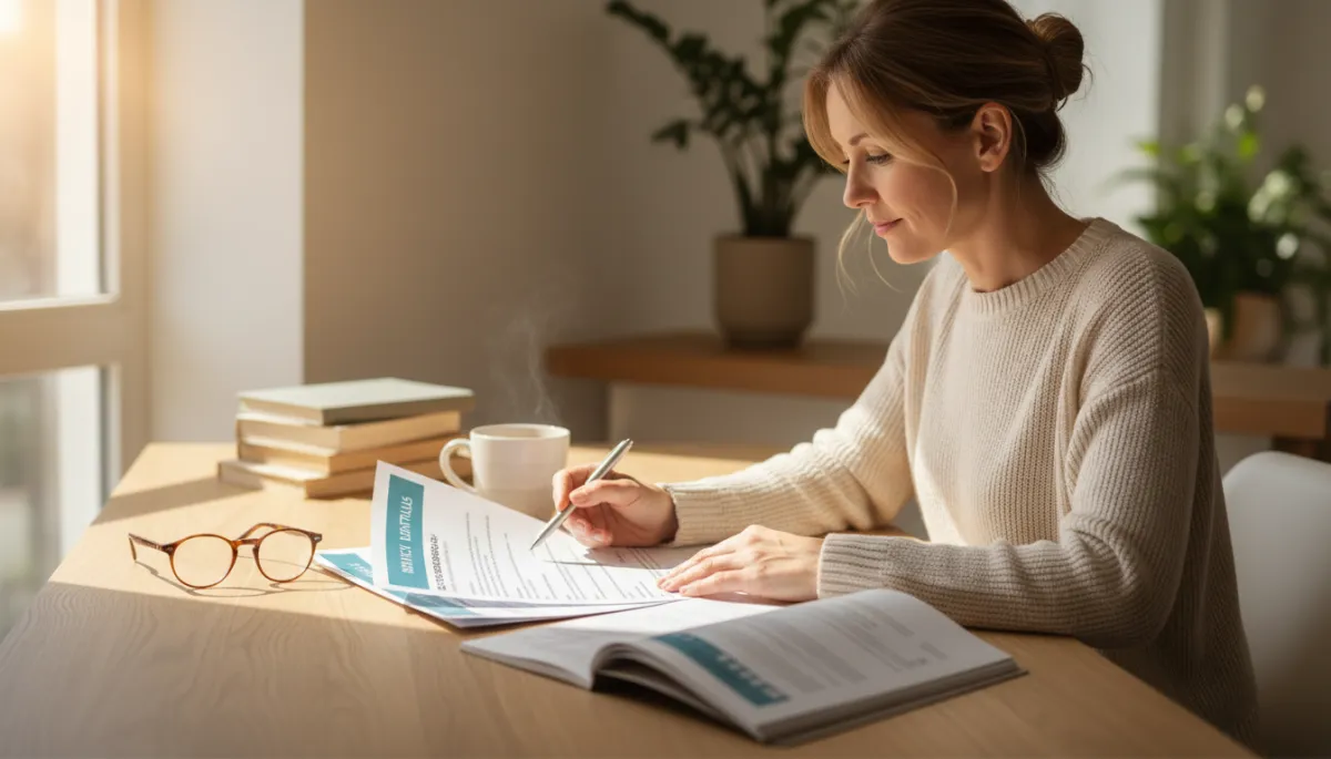 Confident couple sitting at a kitchen table with a professional healthcare advisor, reviewing coverage options on a laptop and organized paperwork, bright natural light, modern home interior, relaxed but focused expressions