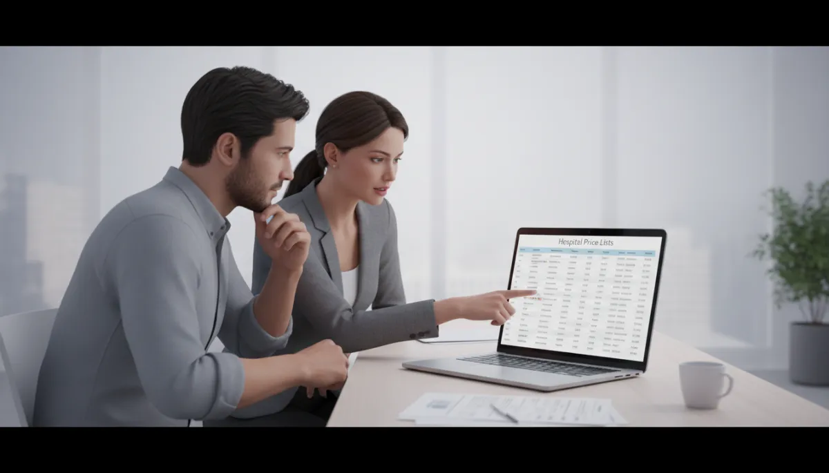 professional photo of a patient and independent insurance agent reviewing hospital price lists on a laptop at an office desk, neutral color palette professional photo of a patient and independent insurance agent reviewing hospital price lists on a laptop at an office desk, neutral color palette