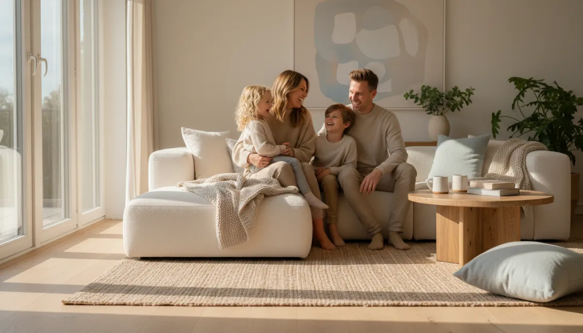 photorealistic family of four relaxing together in a cozy, sunlit living room with soft neutral tones, parents and two children sitting comfortably on a modern sofa, smiling, laughing, and talking, natural light streaming through large windows, atmosphere of comfort security and peace of mind