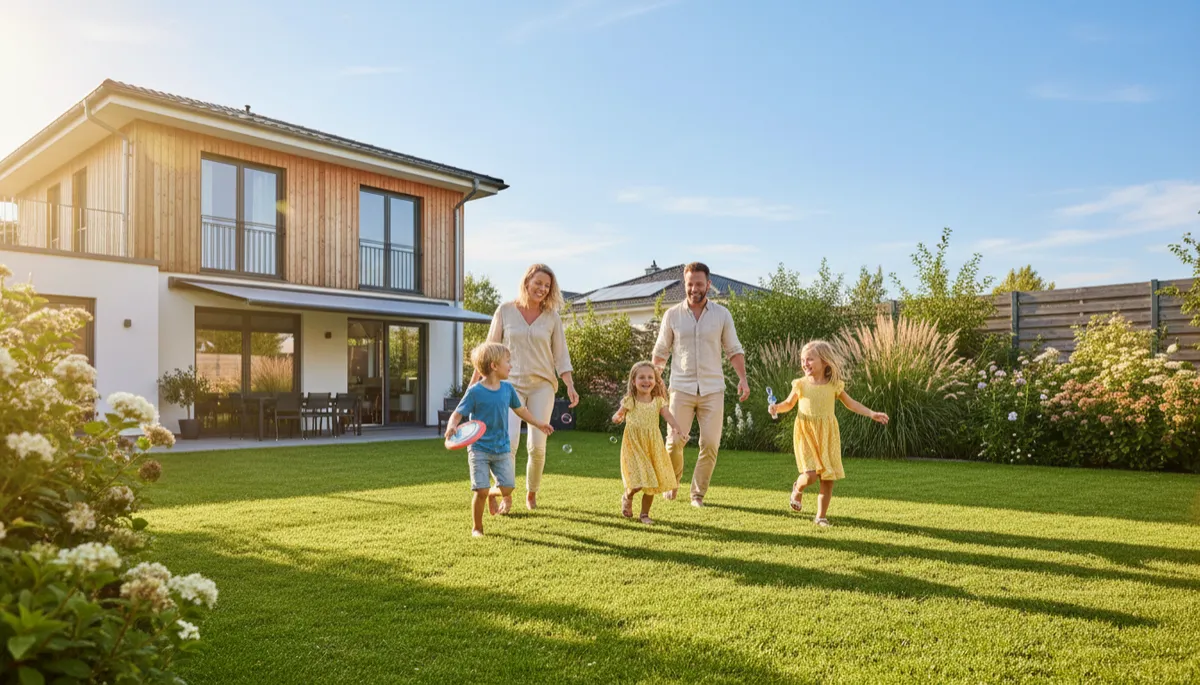 photorealistic bright vivid aspirational scene of a young self-employed family with two kids playing in a sunny suburban backyard, parents smiling and relaxed, nice modern home, lush green lawn, clear blue sky, joyful atmosphere