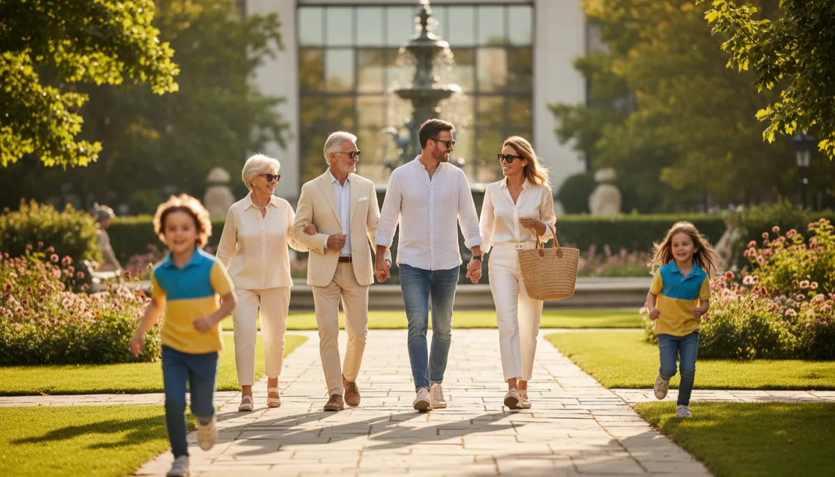 photorealistic bright vivid scene of multigenerational high income family walking together in a sunny park, children running ahead, grandparents smiling, everyone casually well dressed and relaxed