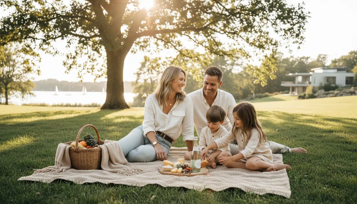 photorealistic bright outdoor lifestyle scene of a successful self employed couple with two children relaxing on a picnic blanket in a sunny park, laughing and talking, neutral tones, subtle suggestion of financial comfort and health confidence