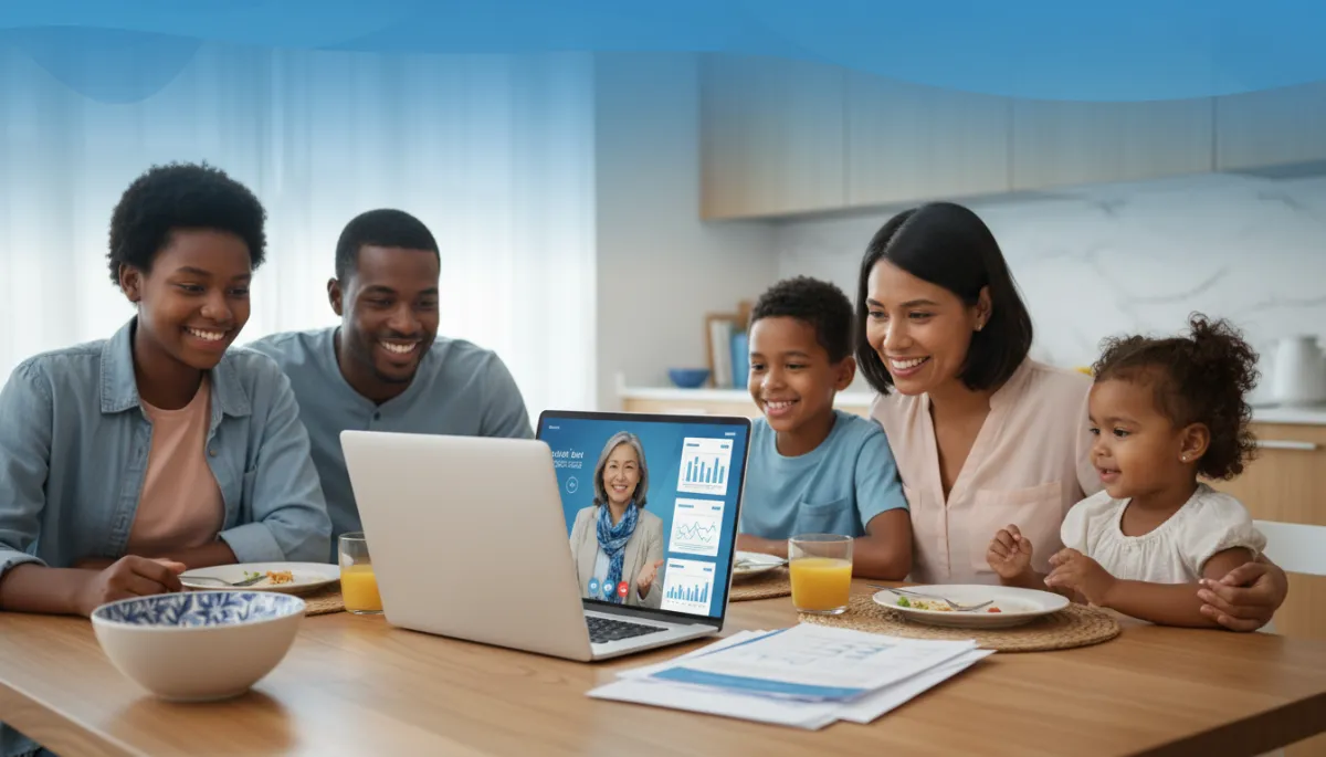 photorealistic happy diverse family sitting at kitchen table reviewing health plan information on a laptop with a friendly advisor on a video call, soft trust blue accents in the background and on screen graphics
