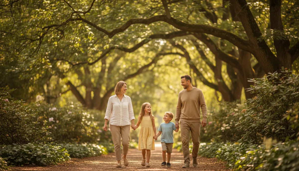 photorealistic happy family of four walking together outdoors in a lush, sunlit park, parents each holding one child's hand, warm neutral color tones, sunlight filtering through green trees casting a gentle glow, casual clothing, smiling and engaged