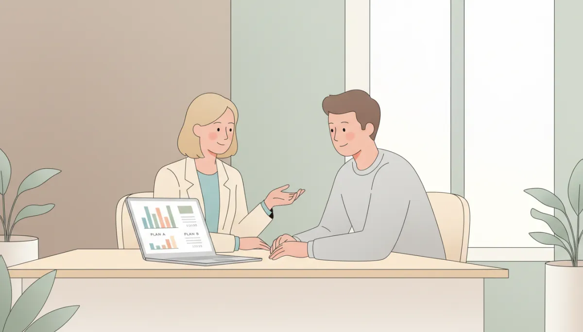 Insurance broker helping a client compare Indiana Marketplace health plans Insurance broker helping a client compare Indiana Marketplace health plans