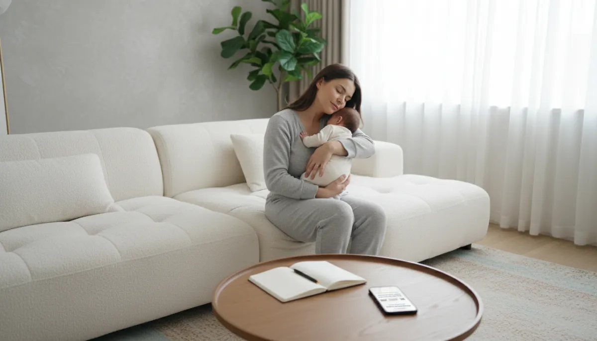 Tired first-time mom cuddling her baby while reading a Lumorababy Sleep Society article