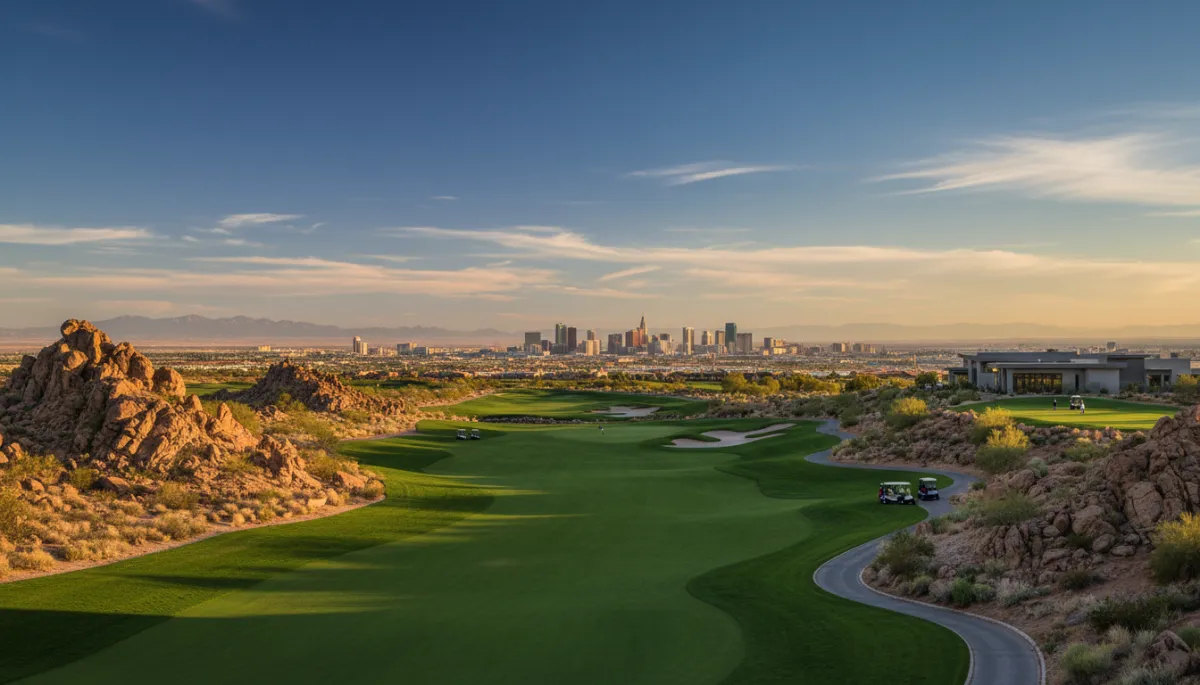 Photorealistic championship golf course at DragonRidge with dramatic desert landscape and valley views