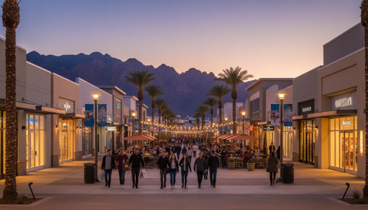 Downtown Summerlin outdoor shopping and dining district with mountain backdrop