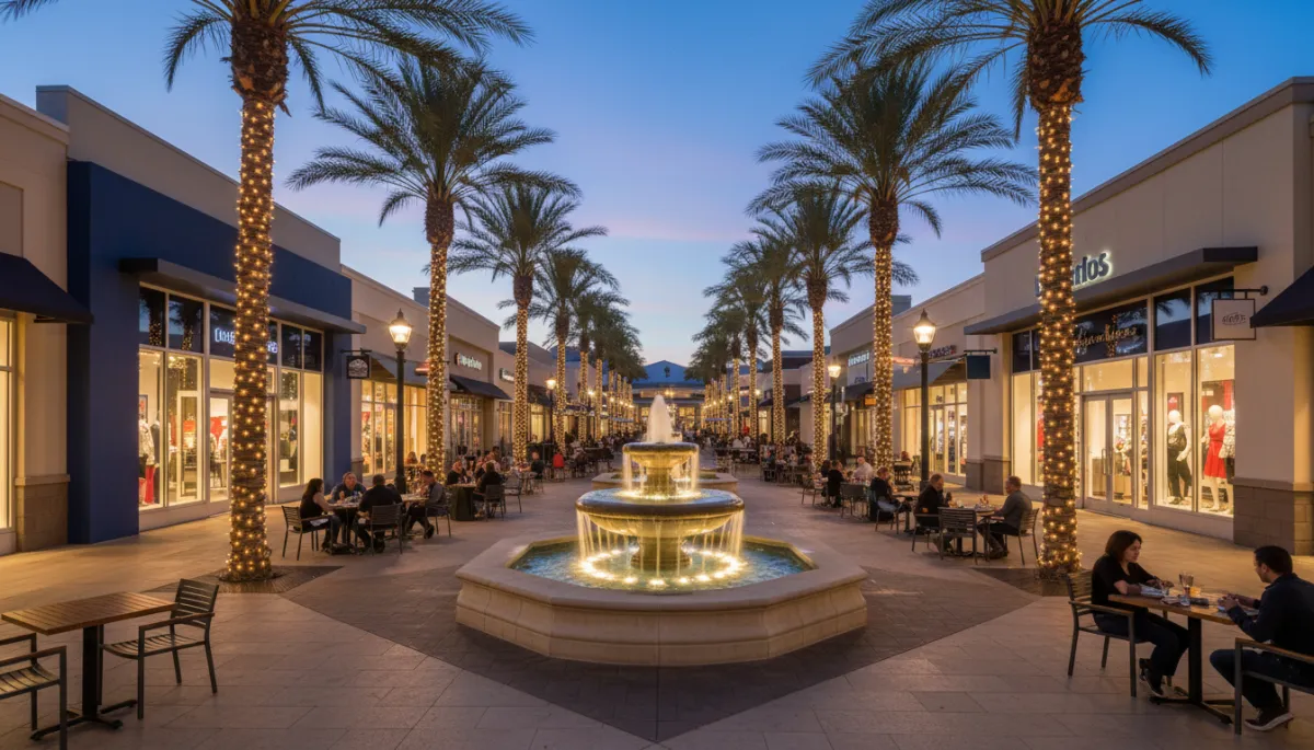 photorealistic evening scene of an outdoor shopping and dining district inspired by The District at Green Valley Ranch, with a central fountain, palm trees wrapped in soft lights, people dining on patios, modern storefronts accented with blue #0466d6 and gray #667085, warm ambient lighting, relaxed upscale suburban atmosphere