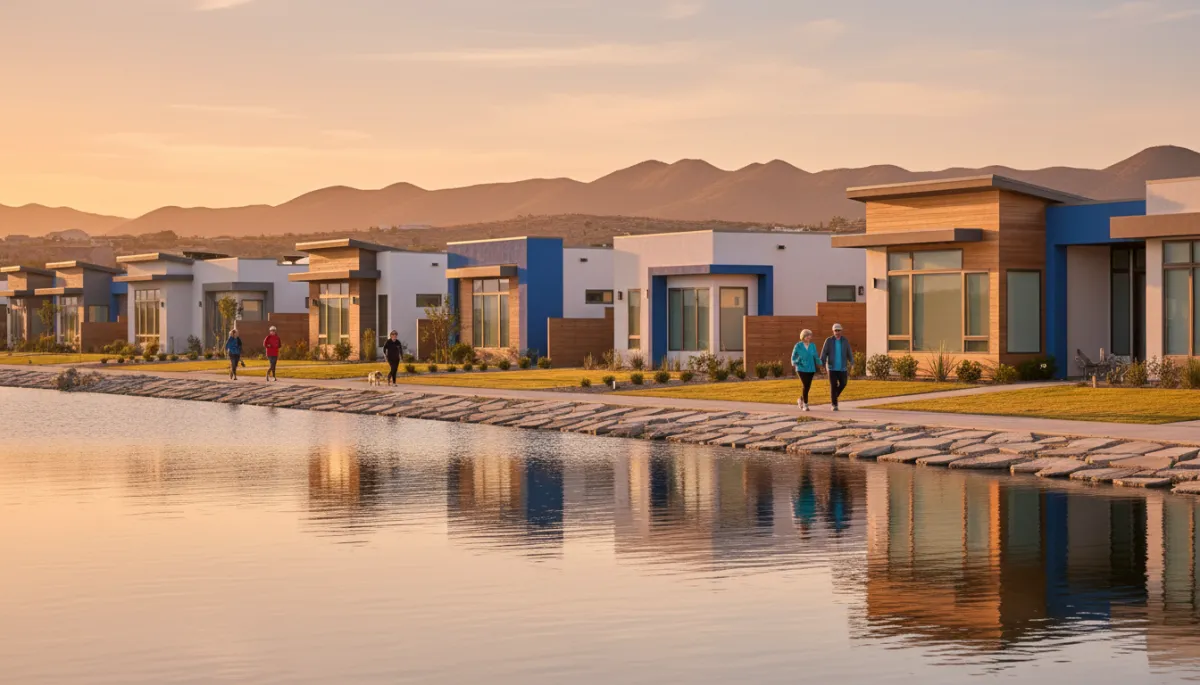 Waterfront 55+ community with walking path and luxury homes at sunset Waterfront 55+ community with walking path and luxury homes at sunset