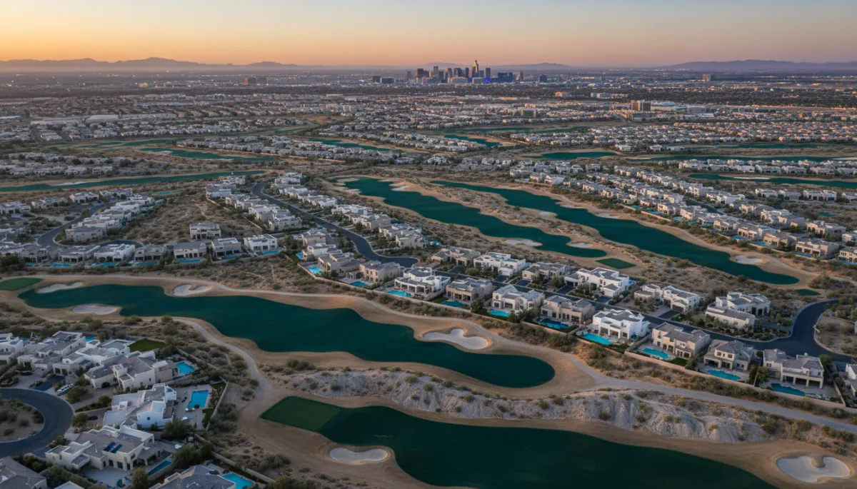 Aerial view of a luxury golf course community in Henderson NV