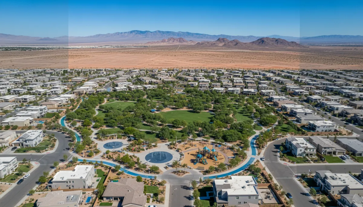 photorealistic aerial view of a vibrant Henderson Nevada master planned community with a 50 acre central park, walking and bike paths, splash pad, and playgrounds surrounded by modern homes, distant desert mountains under a bright Nevada blue sky with subtle brand accent tones in Blue #0466d6 and Gray #667085