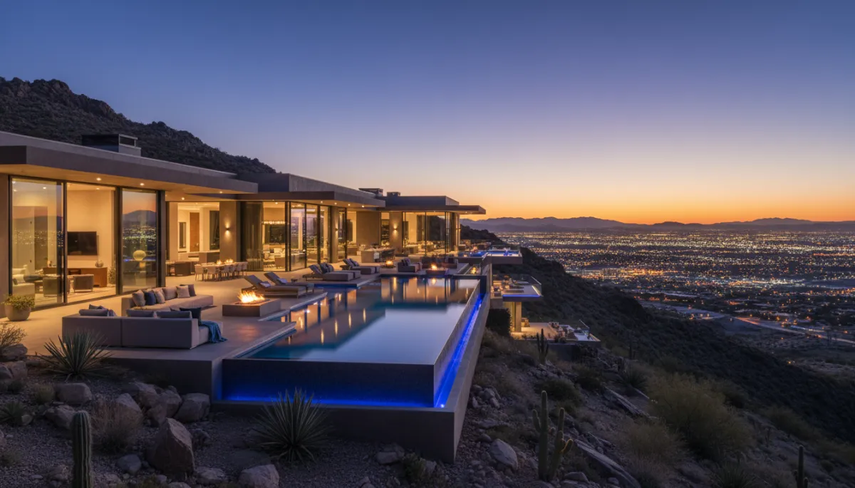 photorealistic ultra-luxury modern custom estate perched on a hillside above Henderson at dusk, expansive glass walls glowing warmly, infinity-edge pool reflecting the sky, panoramic Las Vegas valley city lights in the distance, subtle blue #0466d6 and gray #667085 accents in exterior lighting and furnishings
