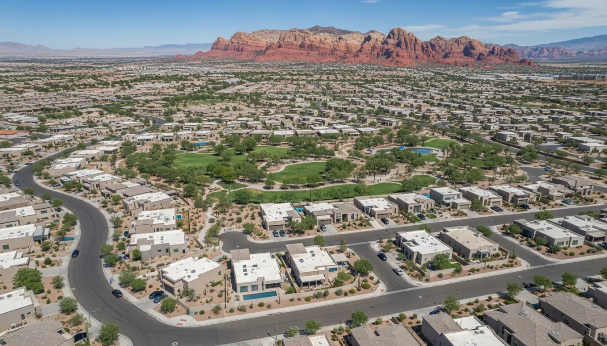 photorealistic aerial view of a master-planned Summerlin Las Vegas community on a sunny day, wide curving streets, modern stucco homes with desert landscaping, lush neighborhood parks, walking trails, and dramatic Red Rock Canyon mountains in the background, subtle accents in blue #0466d6 and gray #667085