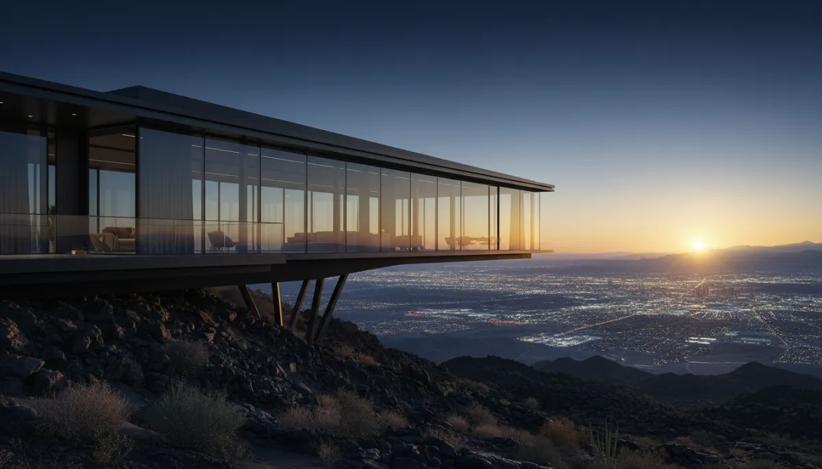 photorealistic dramatic ultra-modern glass-and-steel custom estate perched on black volcanic rock hillside at 3,000 ft elevation above Henderson, sweeping Las Vegas valley views at golden hour, deep blue #0466d6 sky fading to dusk, subtle black #000000 accents in architecture, cinematic lighting
