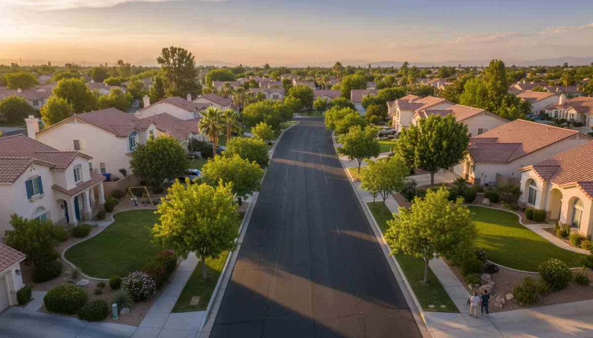 photorealistic aerial street-level view of a classic Nevada suburban neighborhood in Green Valley Henderson at golden hour, wide street lined with mature leafy trees, well-kept stucco homes with tile roofs, lush green lawns and landscaping that feel surprisingly verdant for the desert, subtle accents in blue #0466d6 and gray #667085 on doors and trim, warm afternoon sunlight and long shadows, calm family-friendly atmosphere