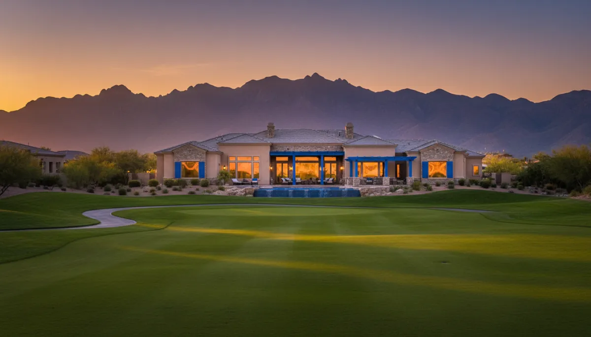 photorealistic stunning golf course fairway at sunset with a luxury stucco home and pool behind lush green grass, dramatic Henderson mountain backdrop, warm golden light reflecting on windows, subtle accents in blue #0466d6 and gray #667085
