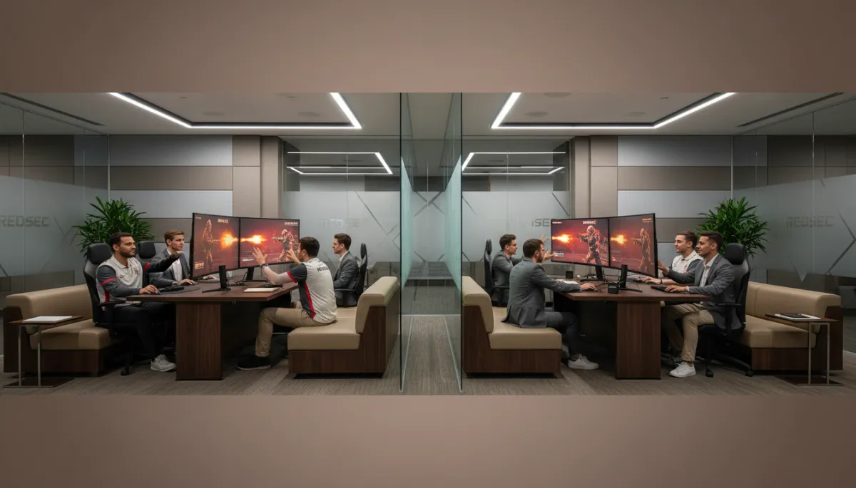 Professionell gestaltete Gaming-Zone mit Battlefield REDSEC Stationen und Markenpräsenz
